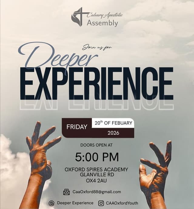 CAA Oxford Deeper Experience event poster with date, venue, and doors open time