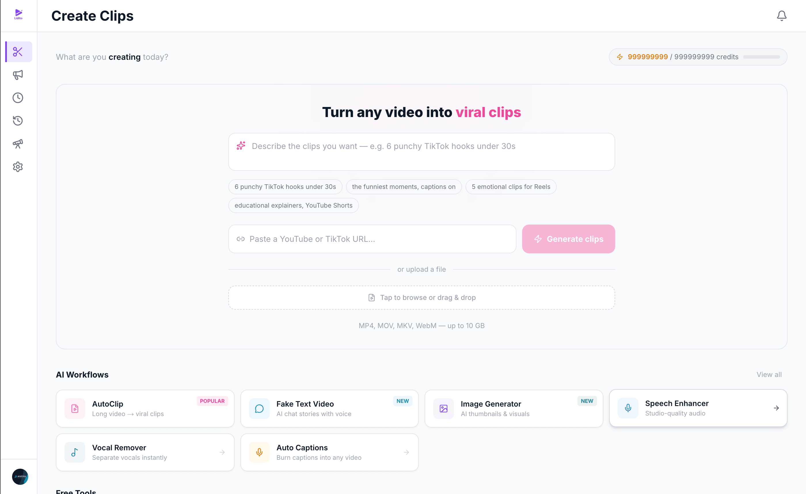 Lidito Create Clips dashboard with AI workflows and YouTube or TikTok URL ingest