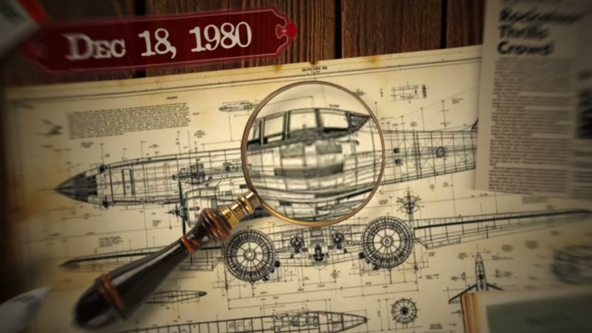 Aviation map motion graphic with aircraft blueprints, magnifying glass, and archival newspaper textures